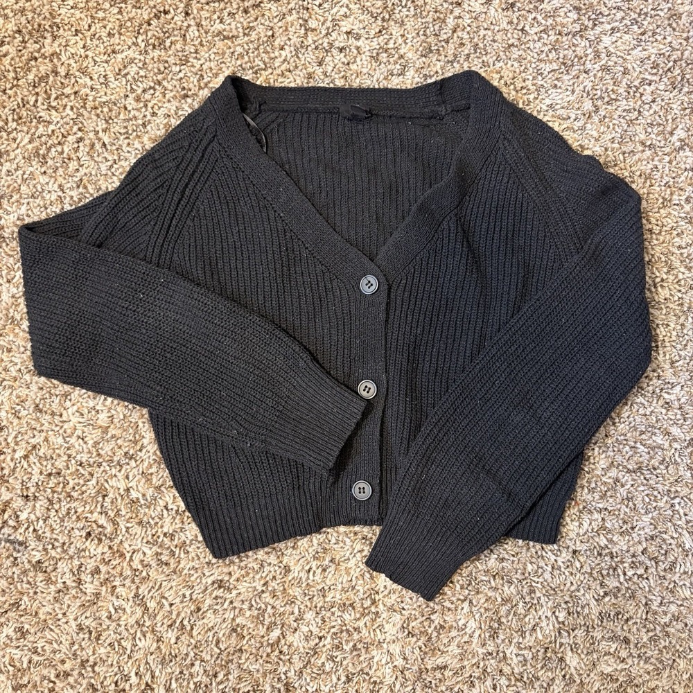 IJOAH Black Rib-Knit V-Neck Button-Front Cardigan Sweater Women S SW7489